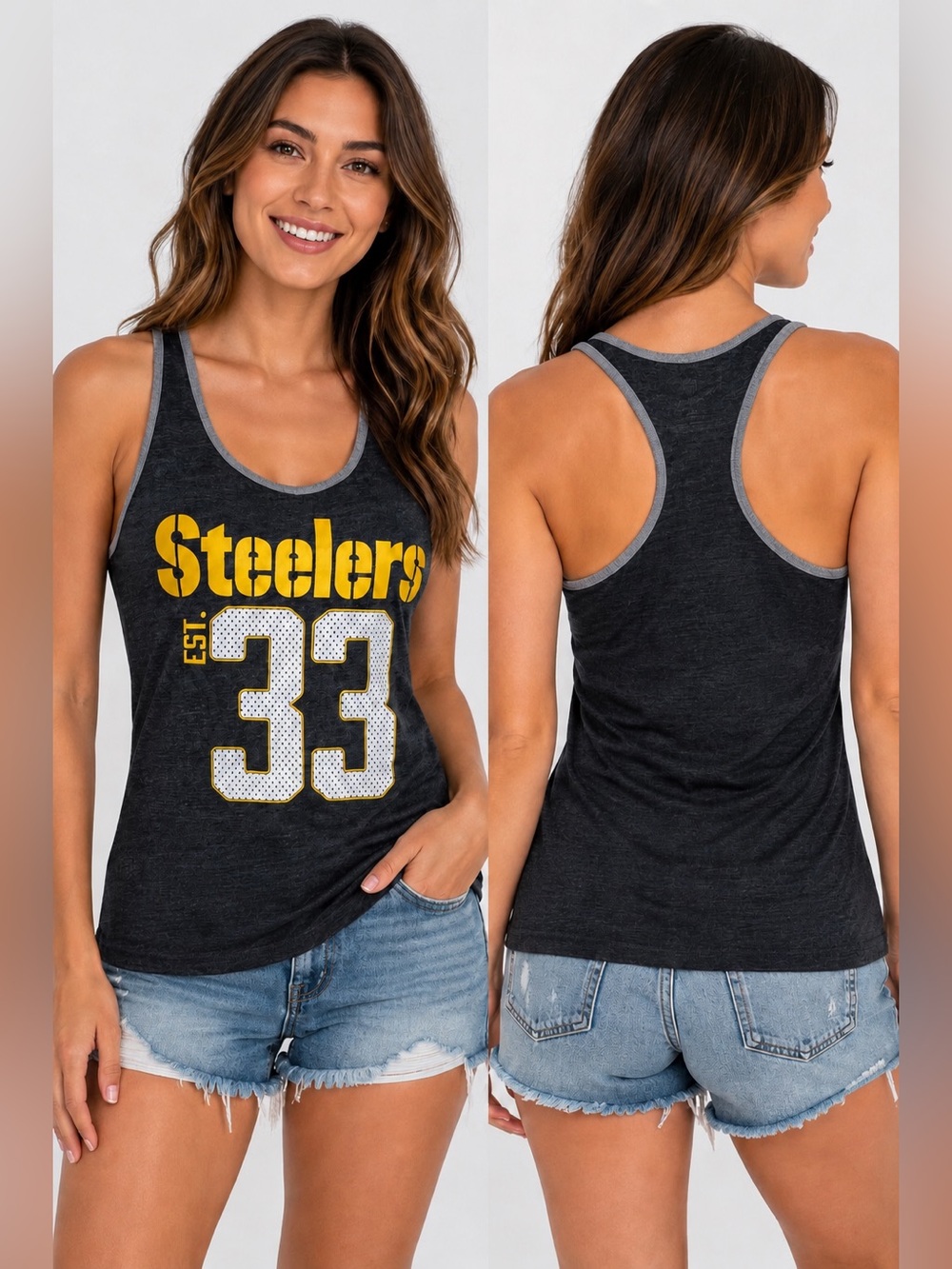 NFL Steelers ‘33’ Black Racerback Tank with Yellow Graphic Size S